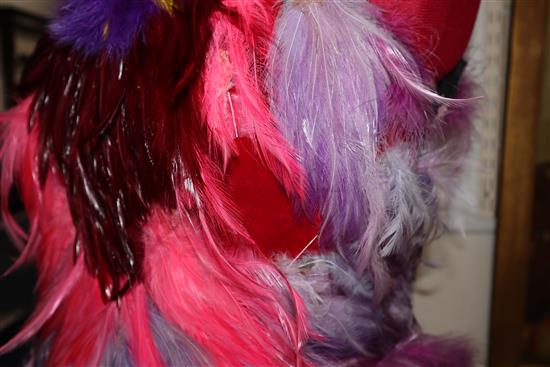 The Magic Flute: Papagenas pink, lilac and purple bodice with matching feather skirt and feathered bird headdress,